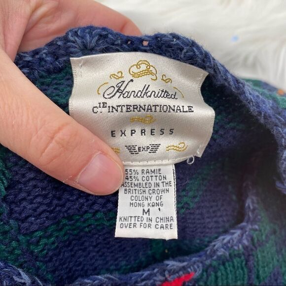 Vintage handKnit Sweater patchwork mixed print medium plaid floral handkerchief - Picture 2 of 5